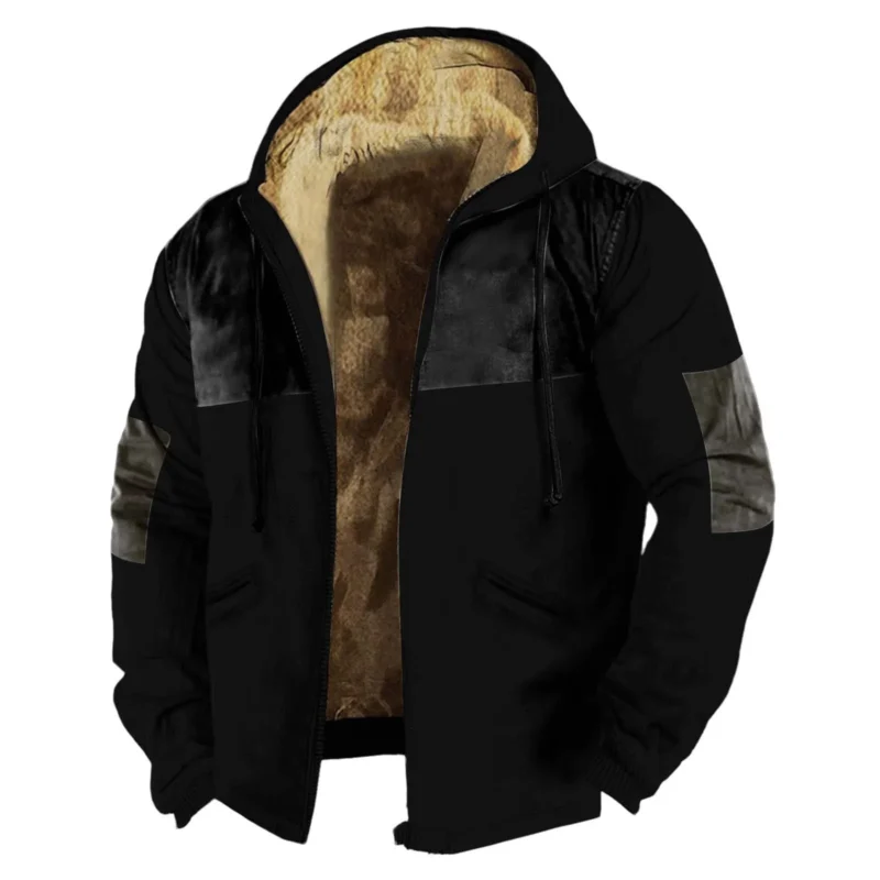 Men's Fleece-Lined Winter Hooded Jacket with Zip Closure and Color Block Design - Image 2