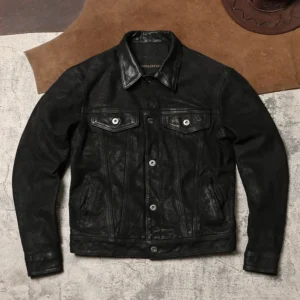 Premium Oil Cashmere Sheepskin Leather Jacket with Turn-down Collar for Men