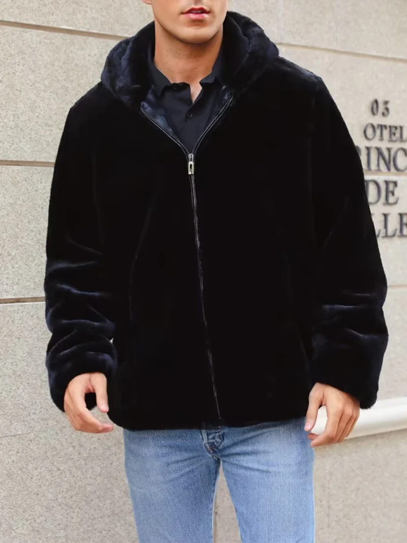 Men's Winter Plush Hooded Jacket with Zipper Front - Image 3