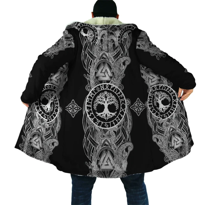 Men's Gothic Hooded Cloak with Medieval Tattoo Print Fleece Overcoat - Image 8