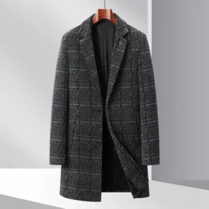 Men's Plaid Wool Blend Overcoat Single Breasted Winter Outerwear Gray