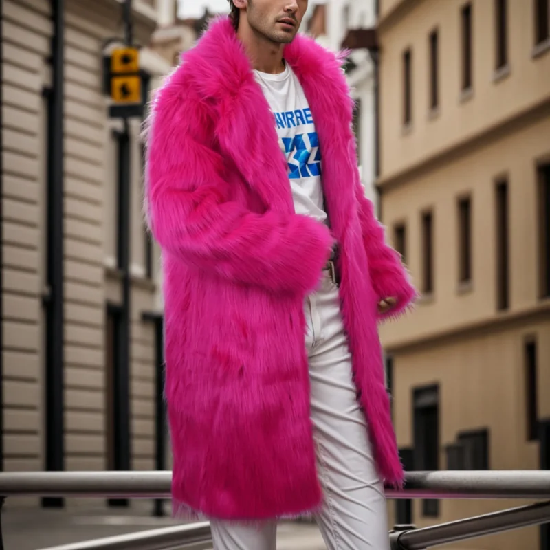 Men's Pink Leopard Print Wool Blend Winter Coat with Detachable Hood - Image 2