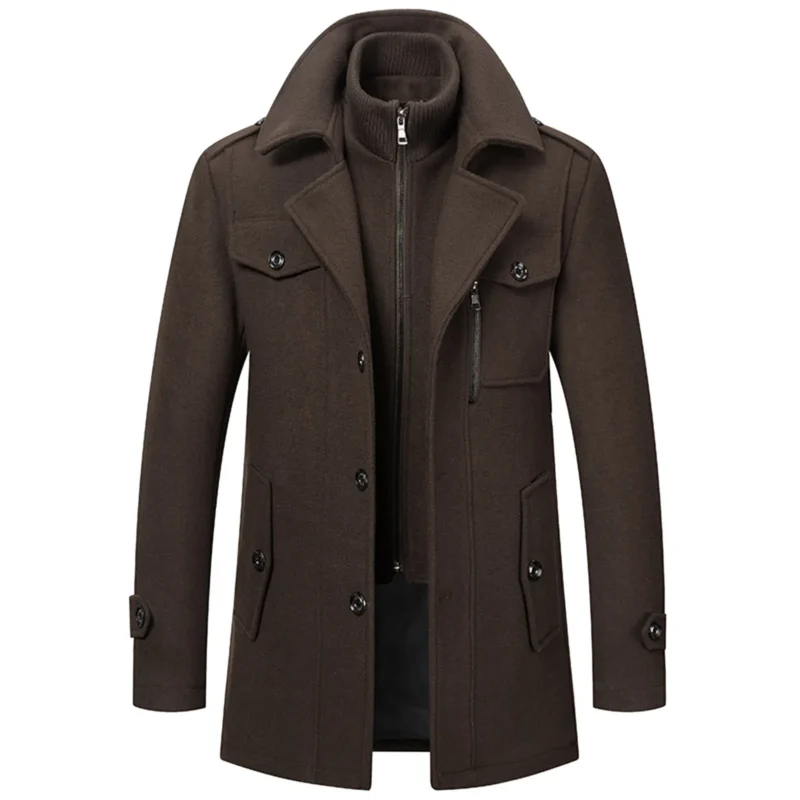 Men's Layered Turtleneck Wool-Blend Trench Coat with Zipper - Image 8