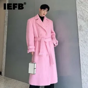 Men's Classic Wool Double Breasted Long Overcoat with Belt
