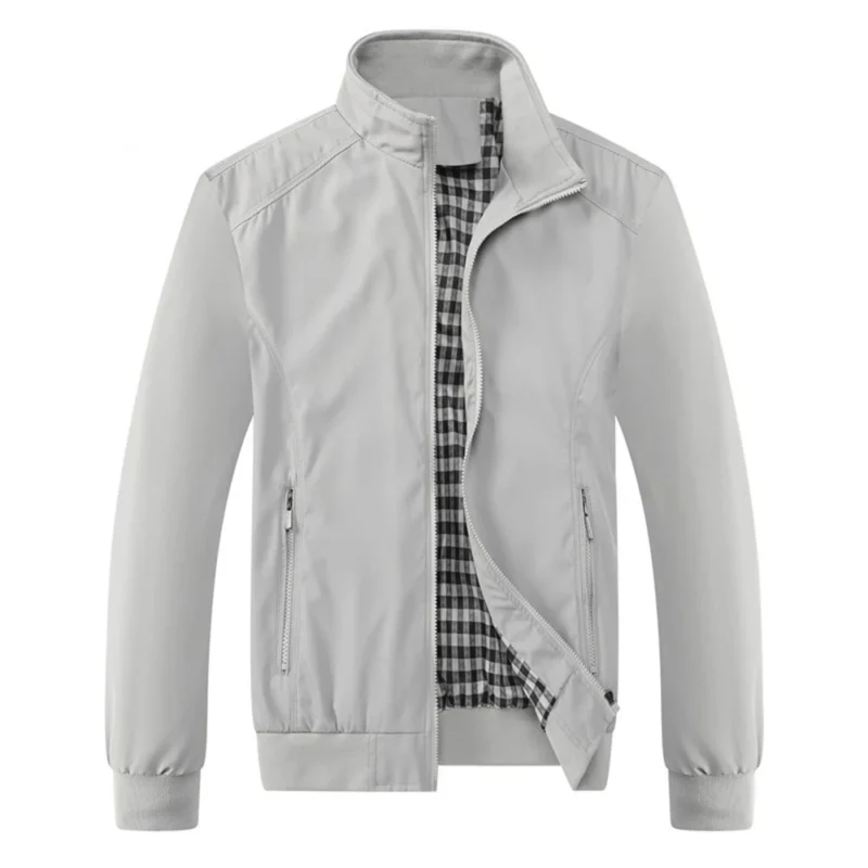 Men's Casual Bomber Jacket with Stand Collar - Solid Color Zip-Up - Image 7