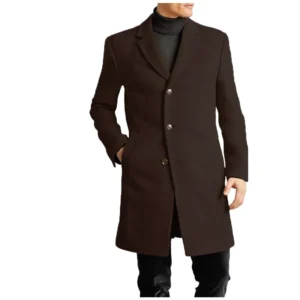 Men's Classic British Wool Overcoat with Turn-Down Collar and Long Length