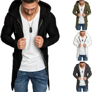 Men's Cotton Casual Hooded Trench Coat with Zipper Closure