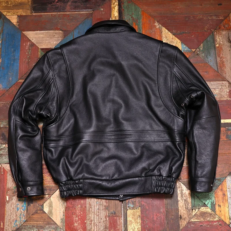 Men's Vintage Style Cowhide Leather Jacket with Turn-down Collar - Image 2