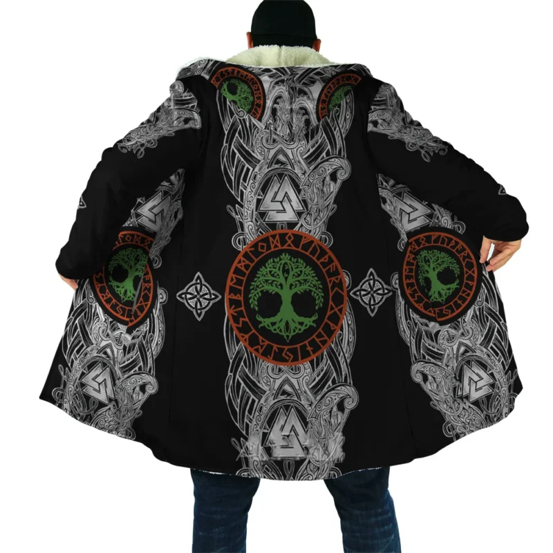 Men's Gothic Hooded Cloak with Medieval Tattoo Print Fleece Overcoat - Image 9