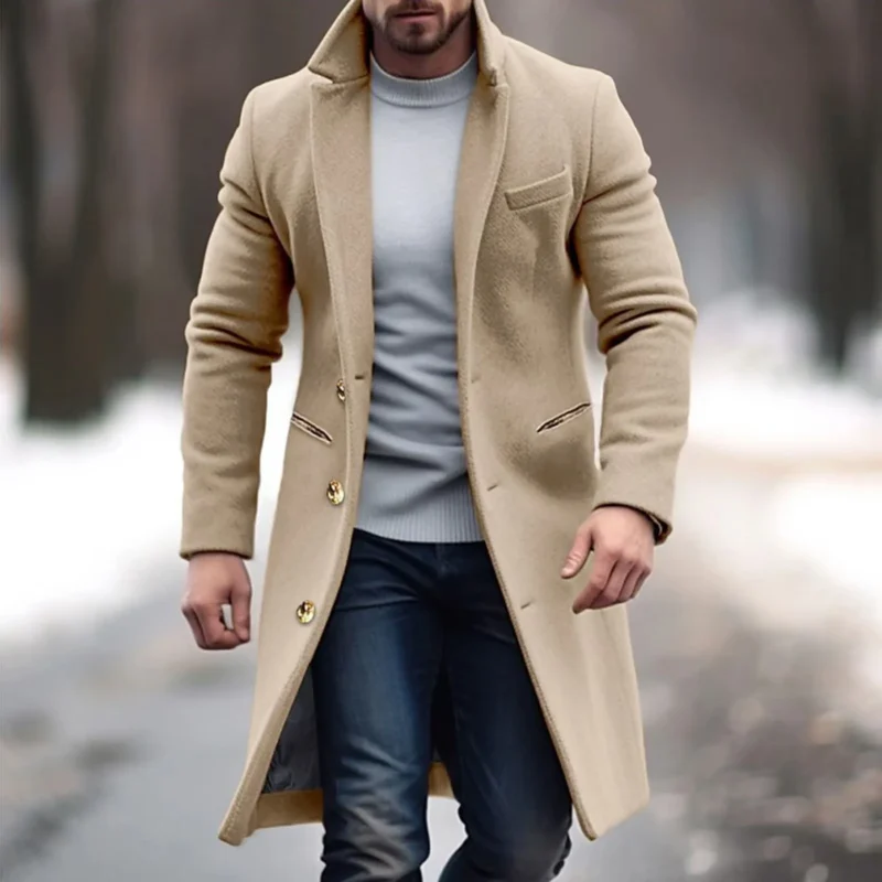 Men's Mid-Length Wool Blend Trench Coat with Single Breasted Closure - Image 2