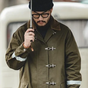 Men's Vintage Corduroy Trench Coat Mid-Length Dark Green