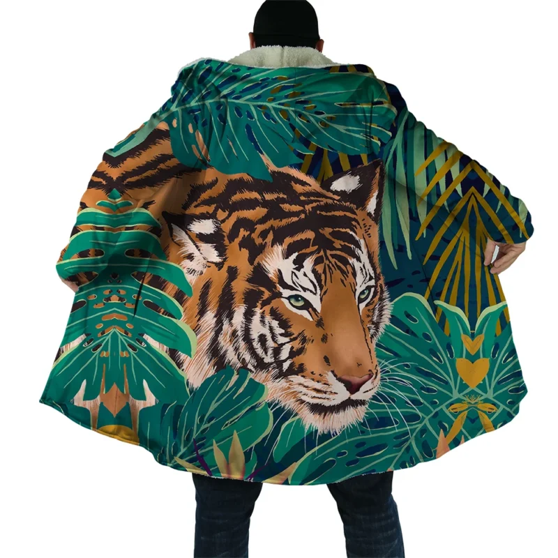 Premium Tiger Pattern Hooded Cloak Fleece Overcoat for Men - Image 8