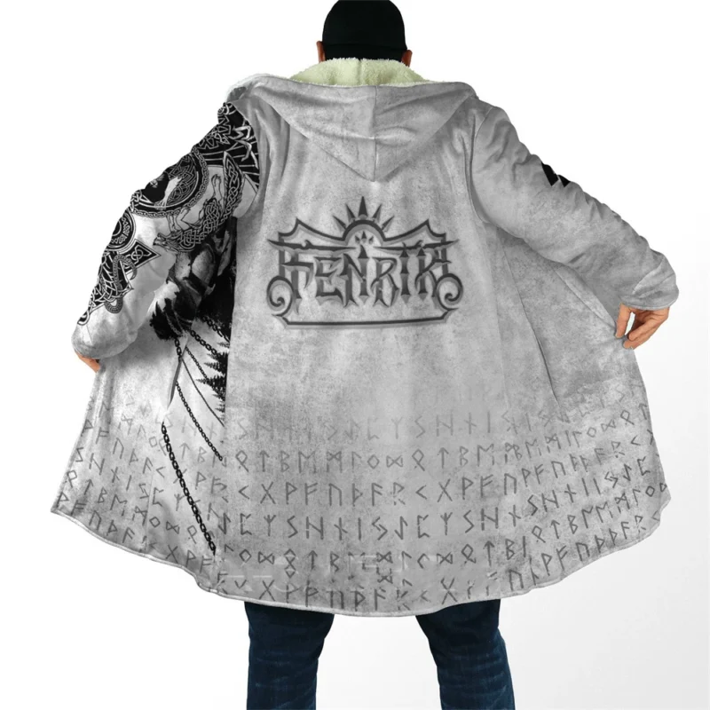 Men's Gothic Hooded Cloak with Medieval Tattoo Print Fleece Overcoat - Image 7