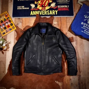 Classic Horween Full Grain Leather Biker Jacket with Lapel for Men