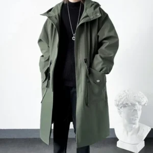 Men's Mid-Length Hooded Windbreaker Casual Trench Coat Green