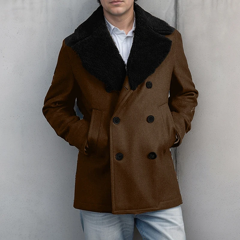 Man styling navy pea coat with casual jeans and layers for everyday wear