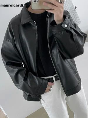 Men's Classic PU Leather Jacket with Turn-Down Collar and Zipper Closure