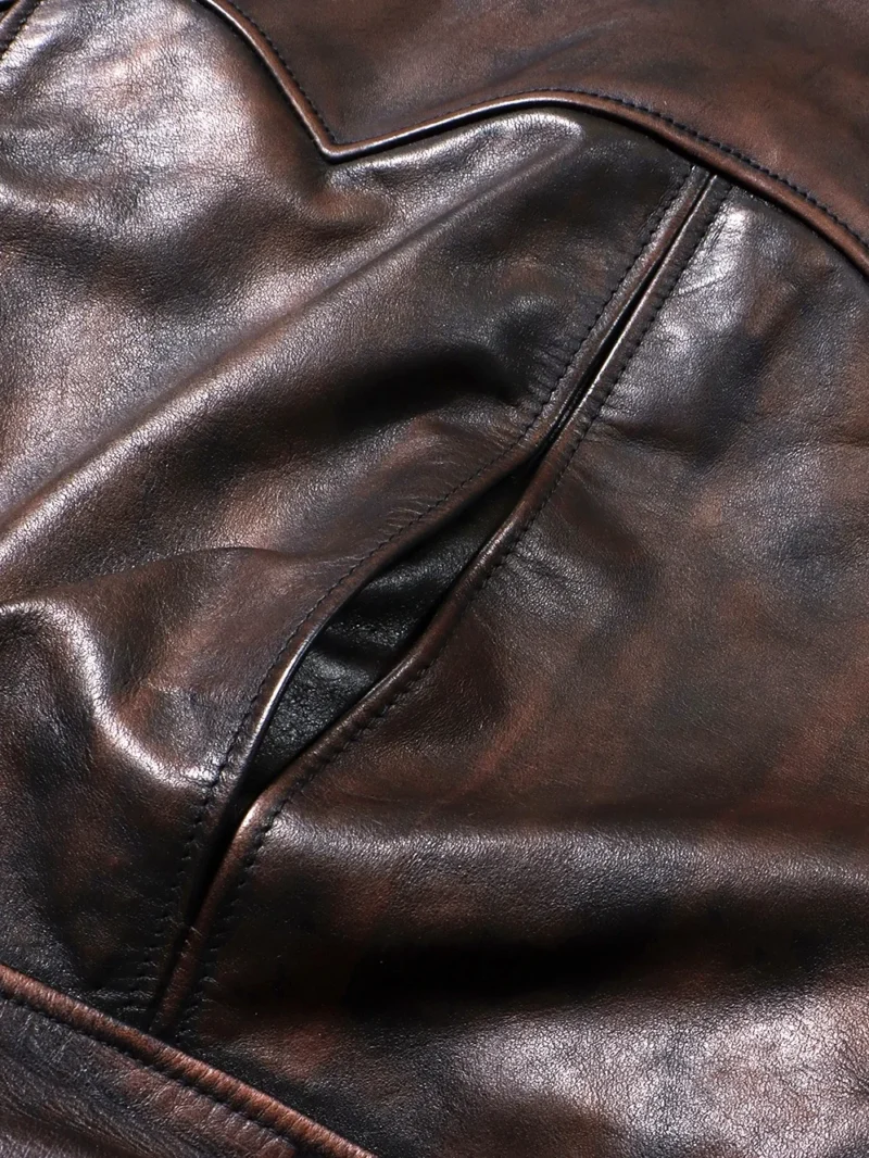 Vintage Distressed Horsehide Biker Jacket with Stand Collar for Men - Image 5