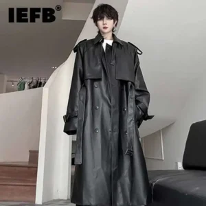 Men's Double Breasted Leather Trench Coat with Belt - Mid Length Safari Style