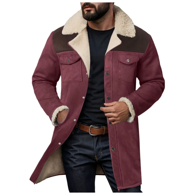 Men's Suede Color Block Jacket with Plush Lapel Multi-Pocket Design - Image 4