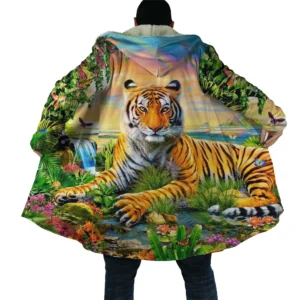 Premium Tiger Pattern Hooded Cloak Fleece Overcoat for Men