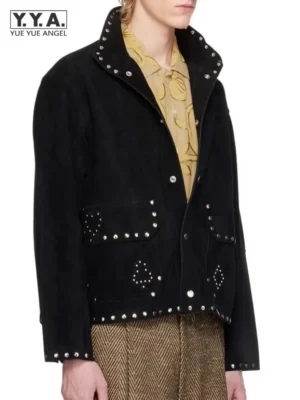 Premium Suede Leather Jacket with Stand Collar and Rivet Details for Men