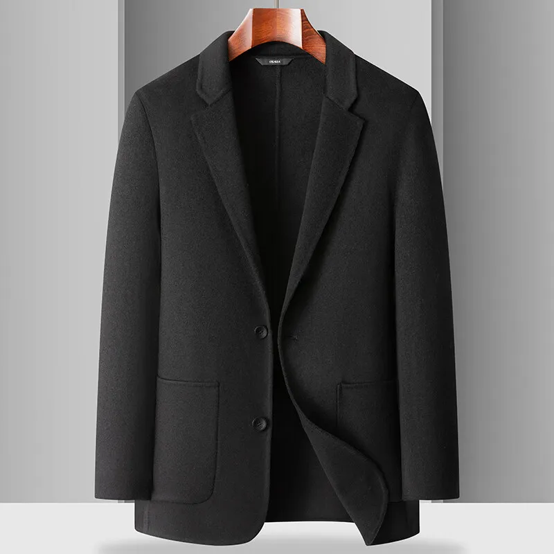 Close-up detail of quality wool material and construction on a classic pea coat