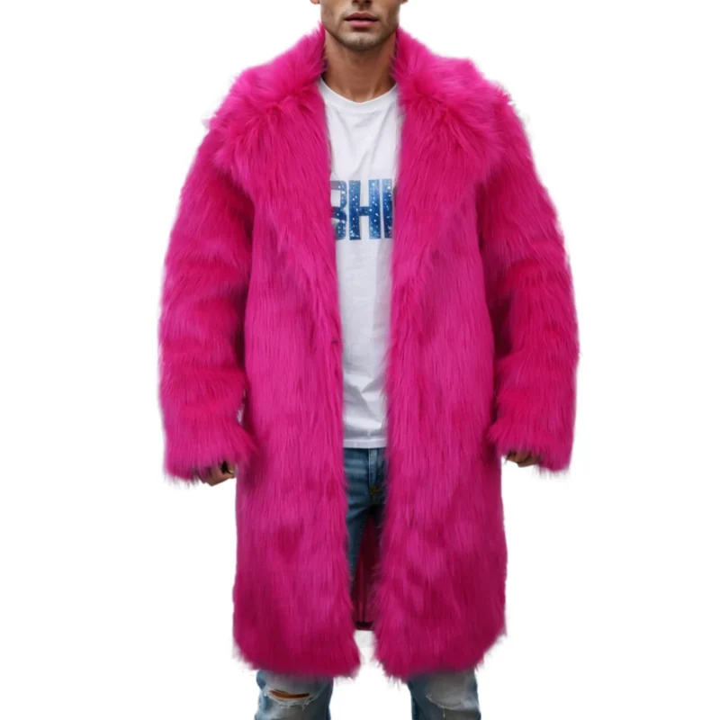 Men's Pink Leopard Print Wool Blend Winter Coat with Detachable Hood - Image 3