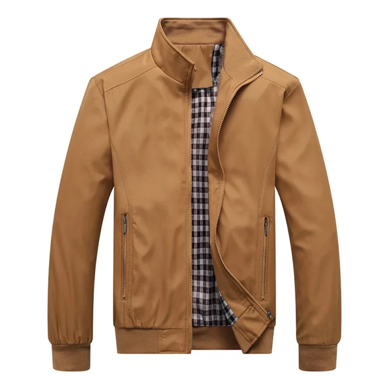 Men's Casual Bomber Jacket with Stand Collar - Solid Color Zip-Up - Image 8