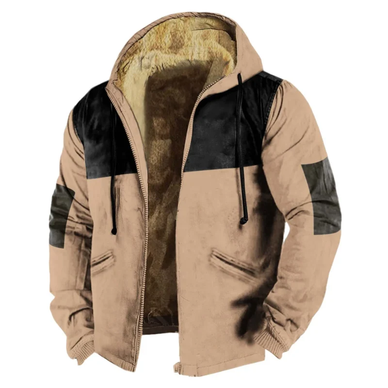 Men's Fleece-Lined Winter Hooded Jacket with Zip Closure and Color Block Design - Image 9