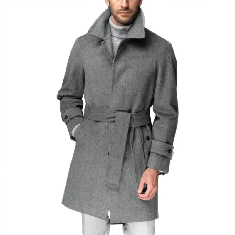 Classic Wool Blend Belted Mid-Length Trench Coat for Men - Image 5