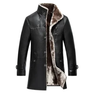 Premium Sheepskin Leather Long Parka with Fur Collar for Men