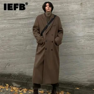 Classic Wool Herringbone Long Overcoat with Turn-down Collar for Men