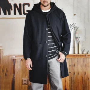 Men's Navy Blue Wool Hooded Overcoat with Single-Breasted Closure