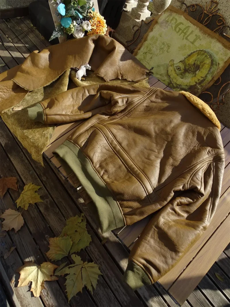 Men's Premium Sheepskin Shearling Classic Bomber Jacket with Fur Lining - Image 3