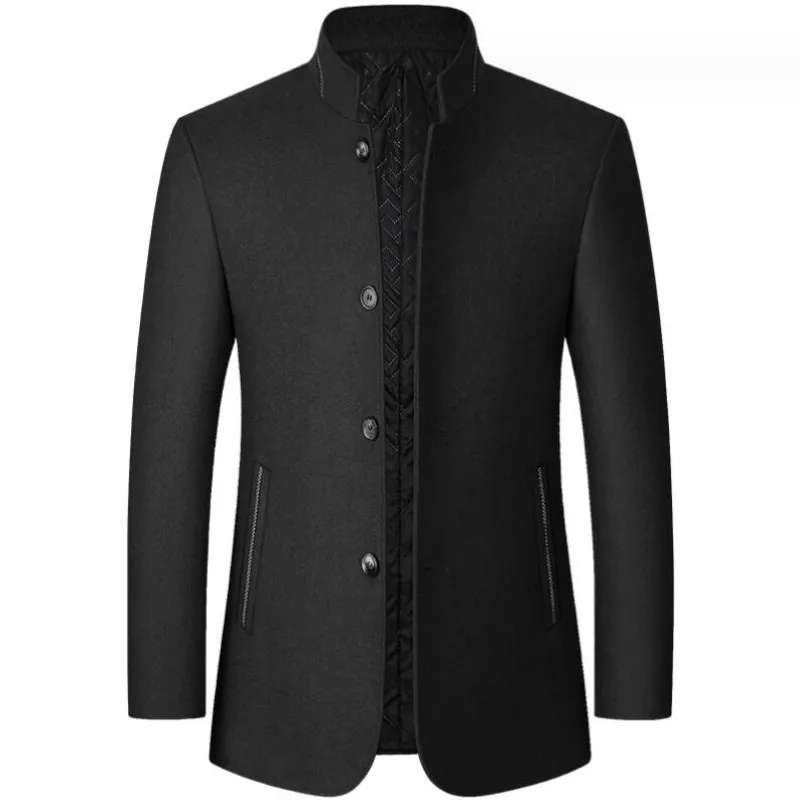 Man demonstrating proper pea coat fit with layering for maximum winter warmth