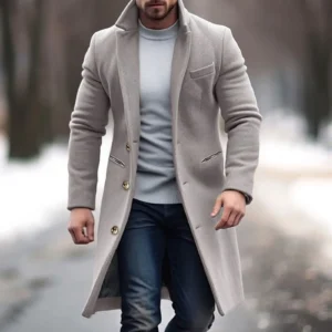 Men's Mid-Length Wool Blend Trench Coat with Single Breasted Closure