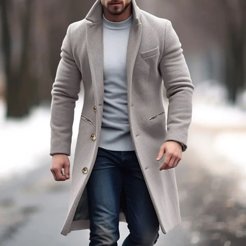 Men's Mid-Length Wool Blend Trench Coat with Single Breasted Closure