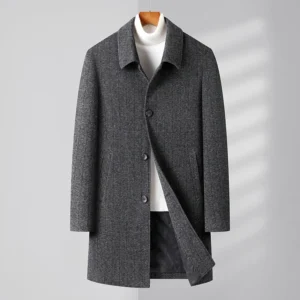 Premium Knitted Wool Blend Overcoat with Turn-down Collar for Men